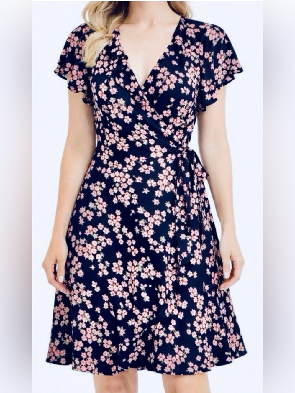 Draper James RSVP Floral Rayon Wrap Dress Blue/Pink XS